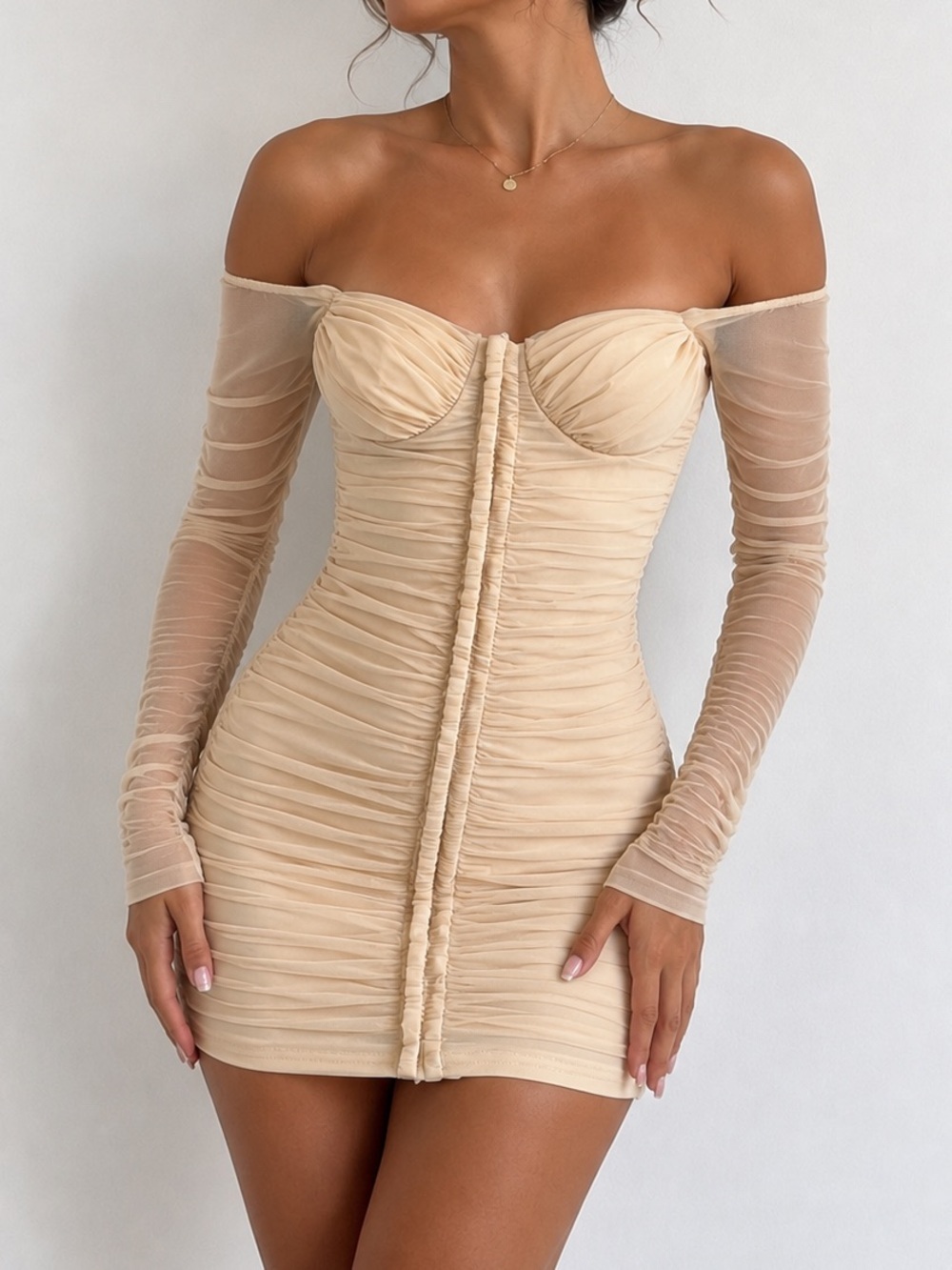 Off-Shoulder Ruched Bodycon Mini Dress in Nude